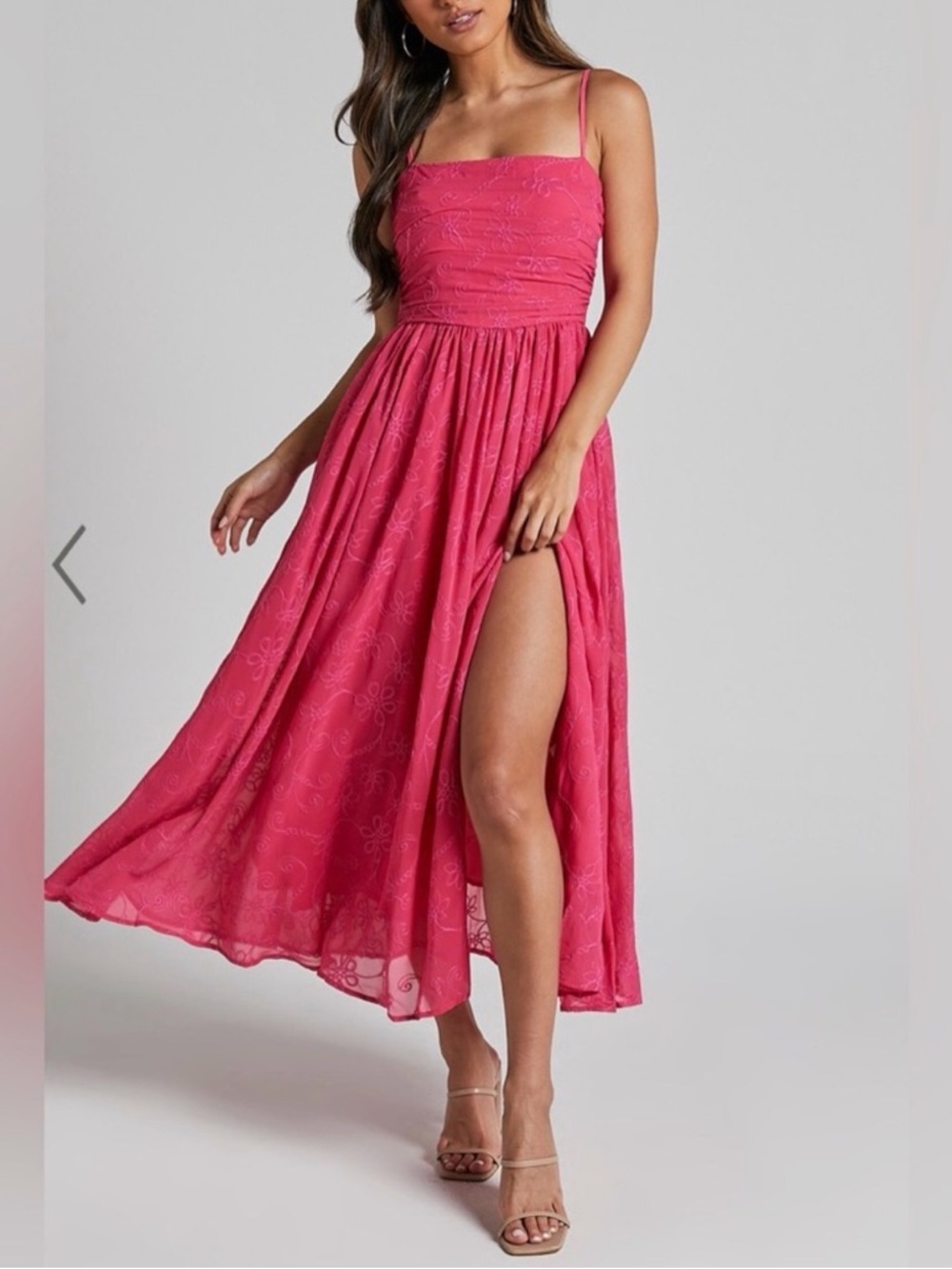 Showpo Adina Fuchsia Floral Embroidered Spaghetti-Strap Maxi Midi Dress